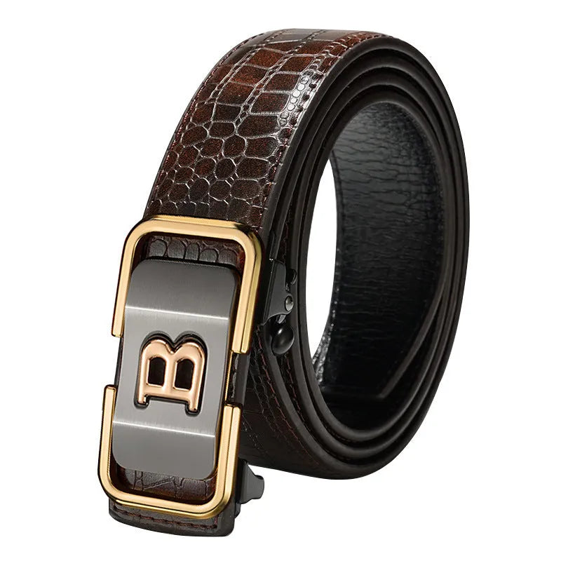 Automatic buckle belt with zinc alloy button head, PVC face, cowhide bottom, 3.3cm width, black or coffee colour