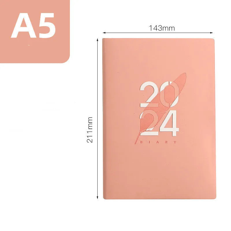 Imitation leather 2024 English schedule book in blue with 365 days daily planner, A5 size, thread stitching binding
