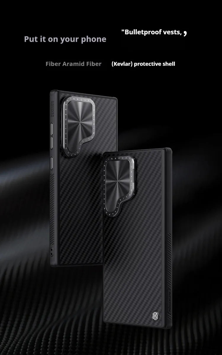Kevlar magnetic phone bracket case for Samsung S24 Ultra in black with invisible stand