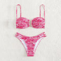 Women's floral bikini swimsuit with high-waist briefs in solid colour patterns