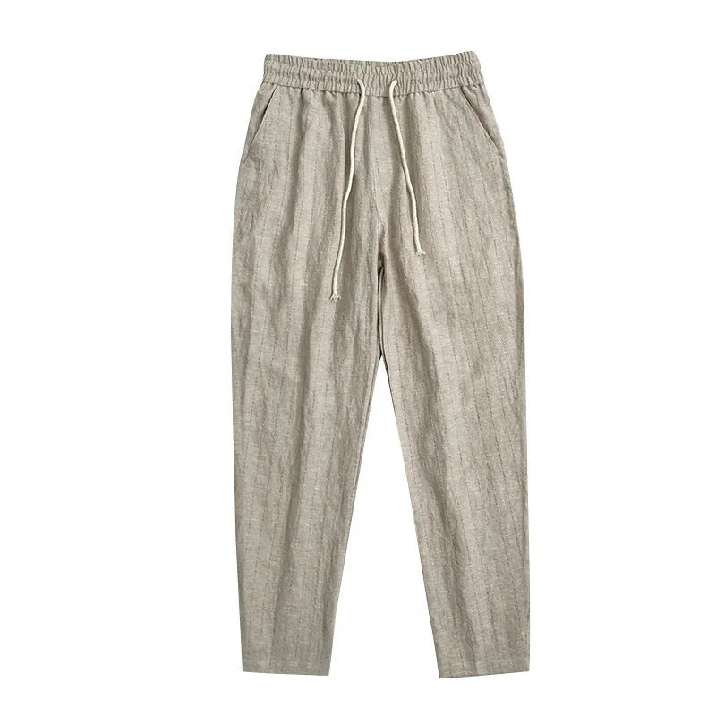 Men's striped cotton linen cropped summer casual pants shown in khaki, coffee, navy and white colour variations
