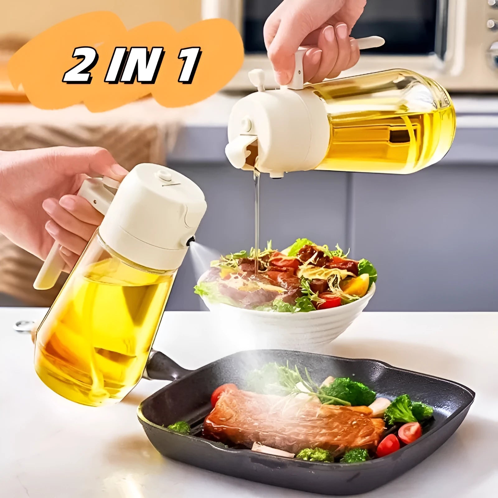 Glass olive oil sprayer bottle with ergonomic handle in beige, showing spray and pour functions.
