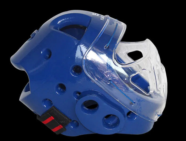 Karate protective helmet for boxing training in multiple colours including white, blue and red variants