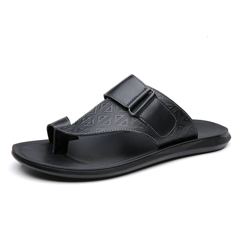 Men's light brown open-toe beach slippers made from cowhide leather with a rubber sole.