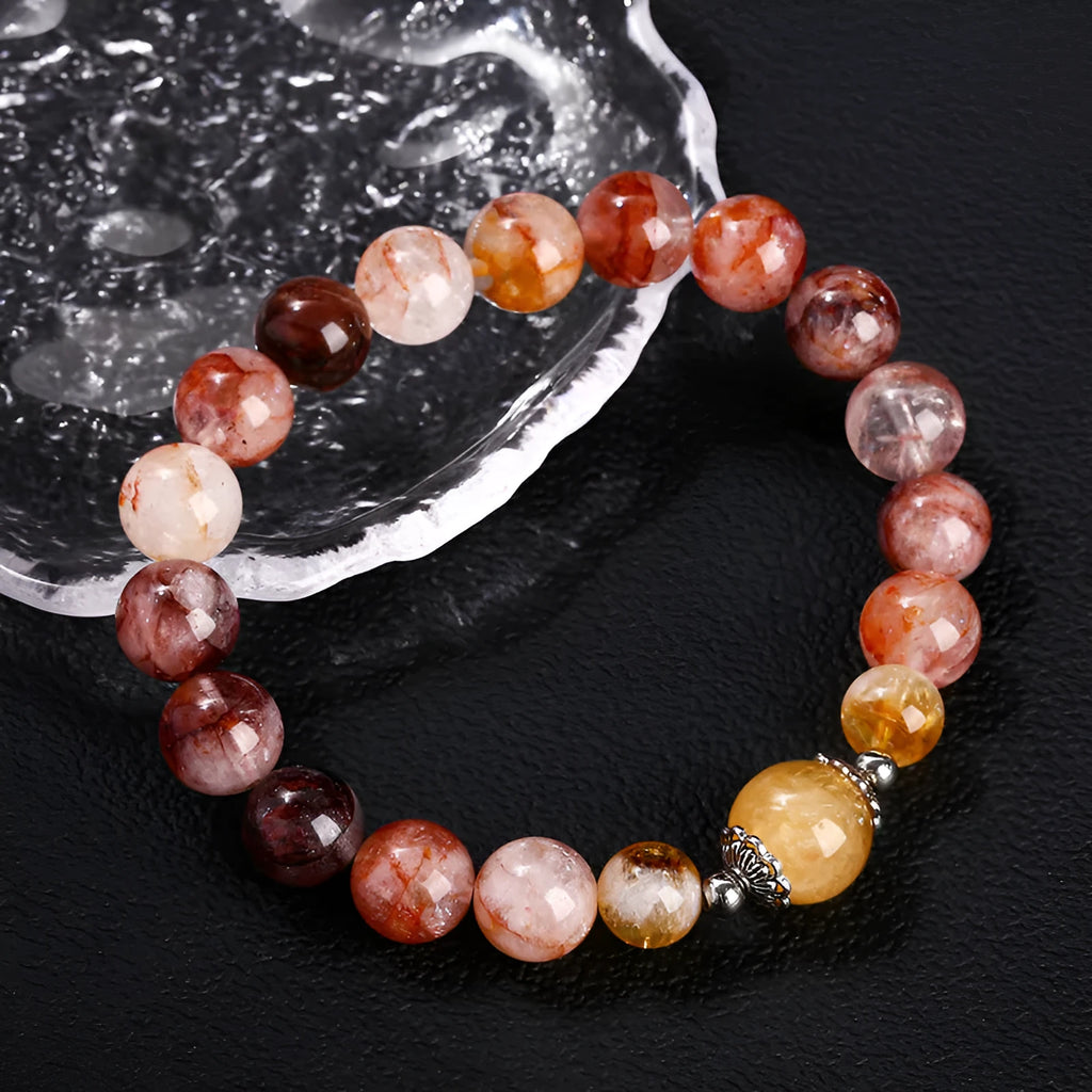 Handmade natural red citrine lucky bead bracelet with 10mm crystal beads and 3A sealant flower design
