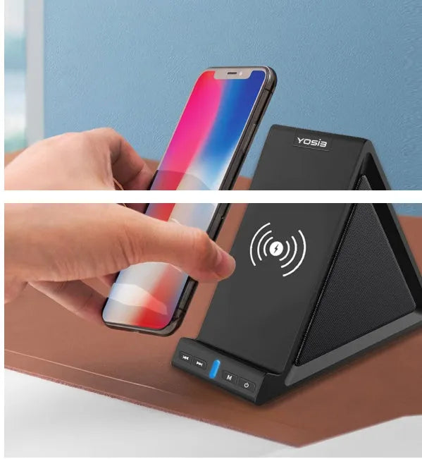 Black portable Bluetooth speaker with integrated mobile phone stand and wireless charging function.