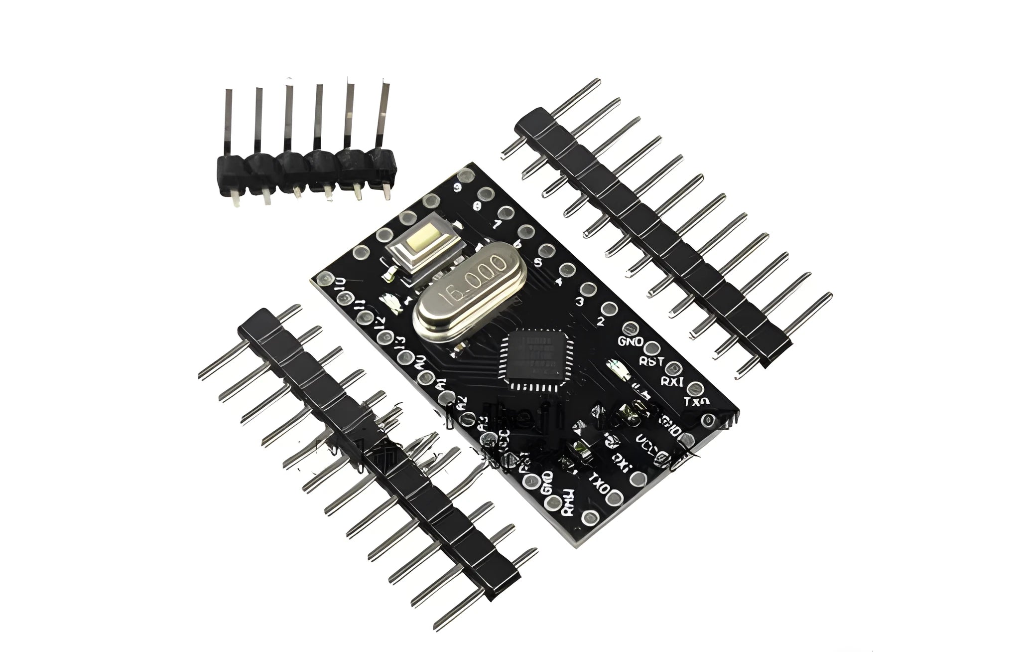 Mini Pro ATMEGA328P microcontroller circuit board showing digital and analog pins