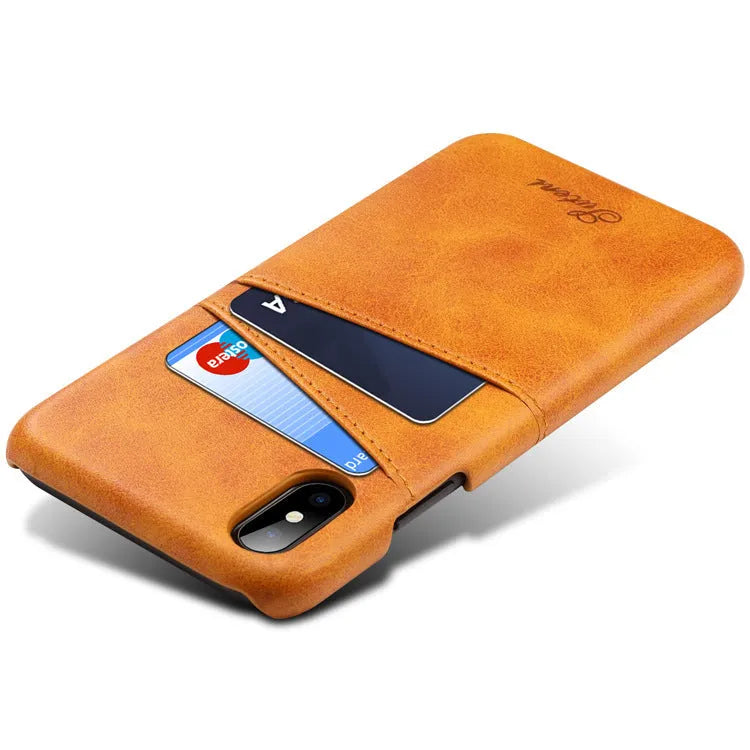 Slim black PU leather wallet phone case for Samsung phone showing two card slots and raised screen lip.