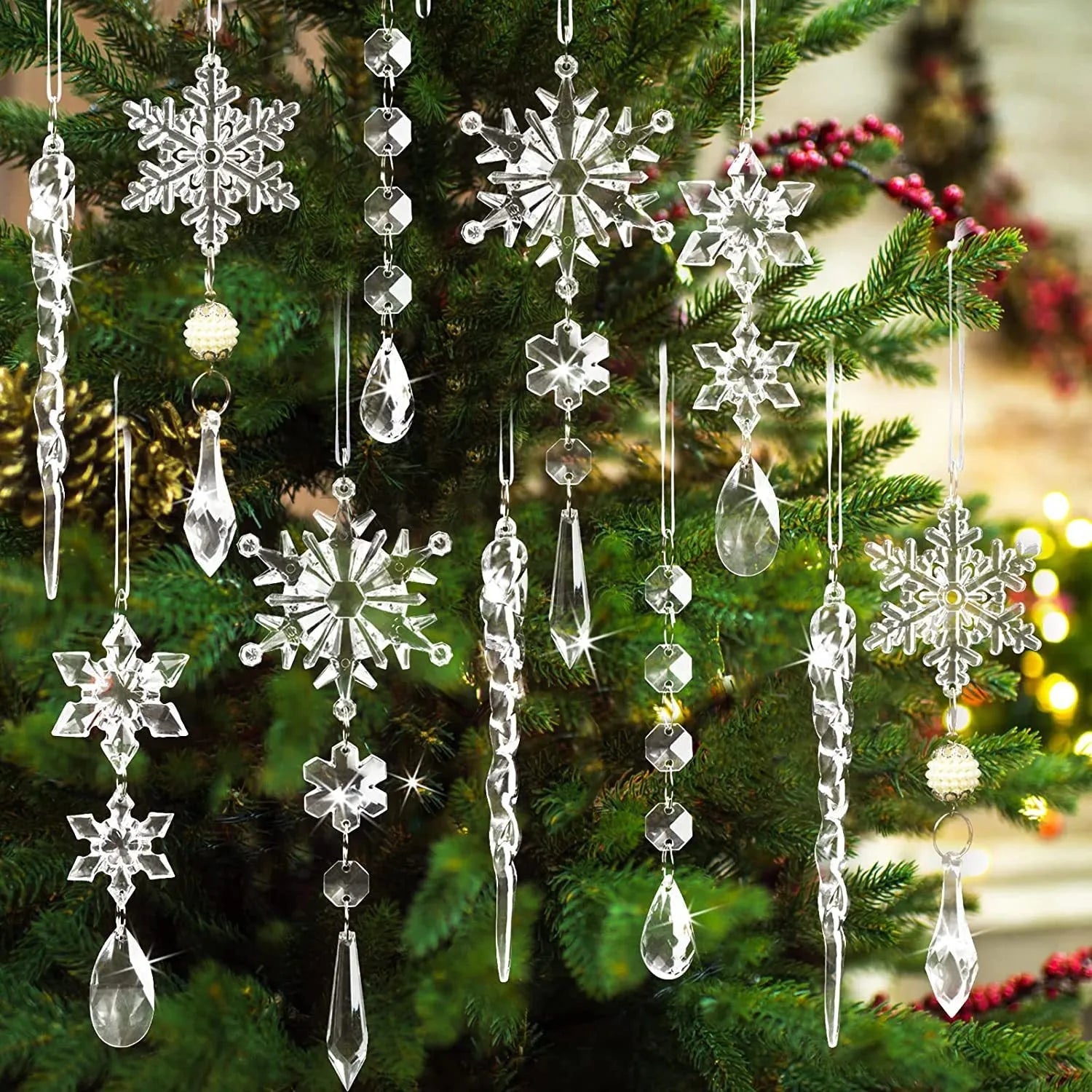 10 clear acrylic icicle and snowflake Christmas tree ornaments with white ribbons