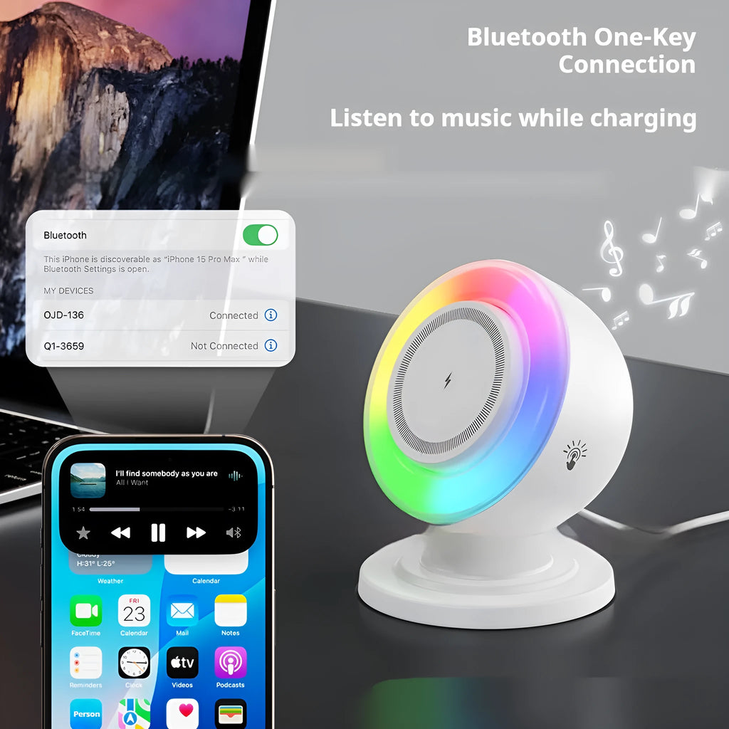 Three-in-one wireless charger with Bluetooth audio and coloured lights in black