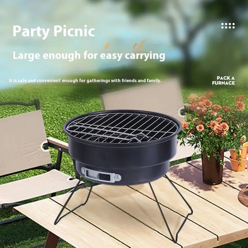 Small round folding ice stove with grill mesh and barbecue grill for 1-2 people.