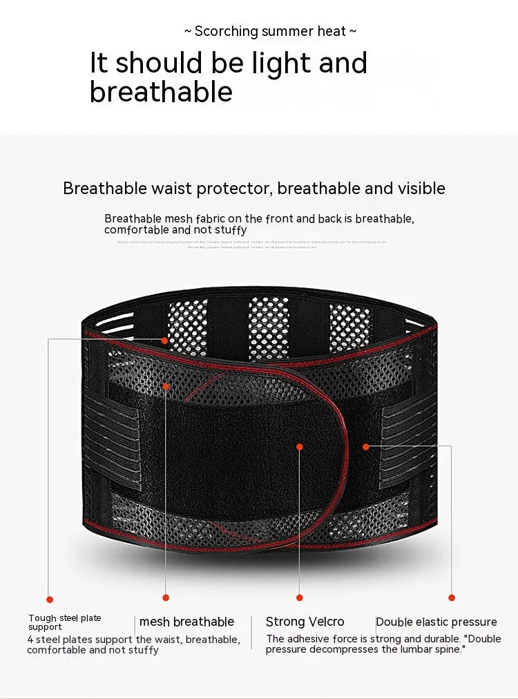 Black sports waist support belt with internal steel plate for lumbar protection, shown with size labels.