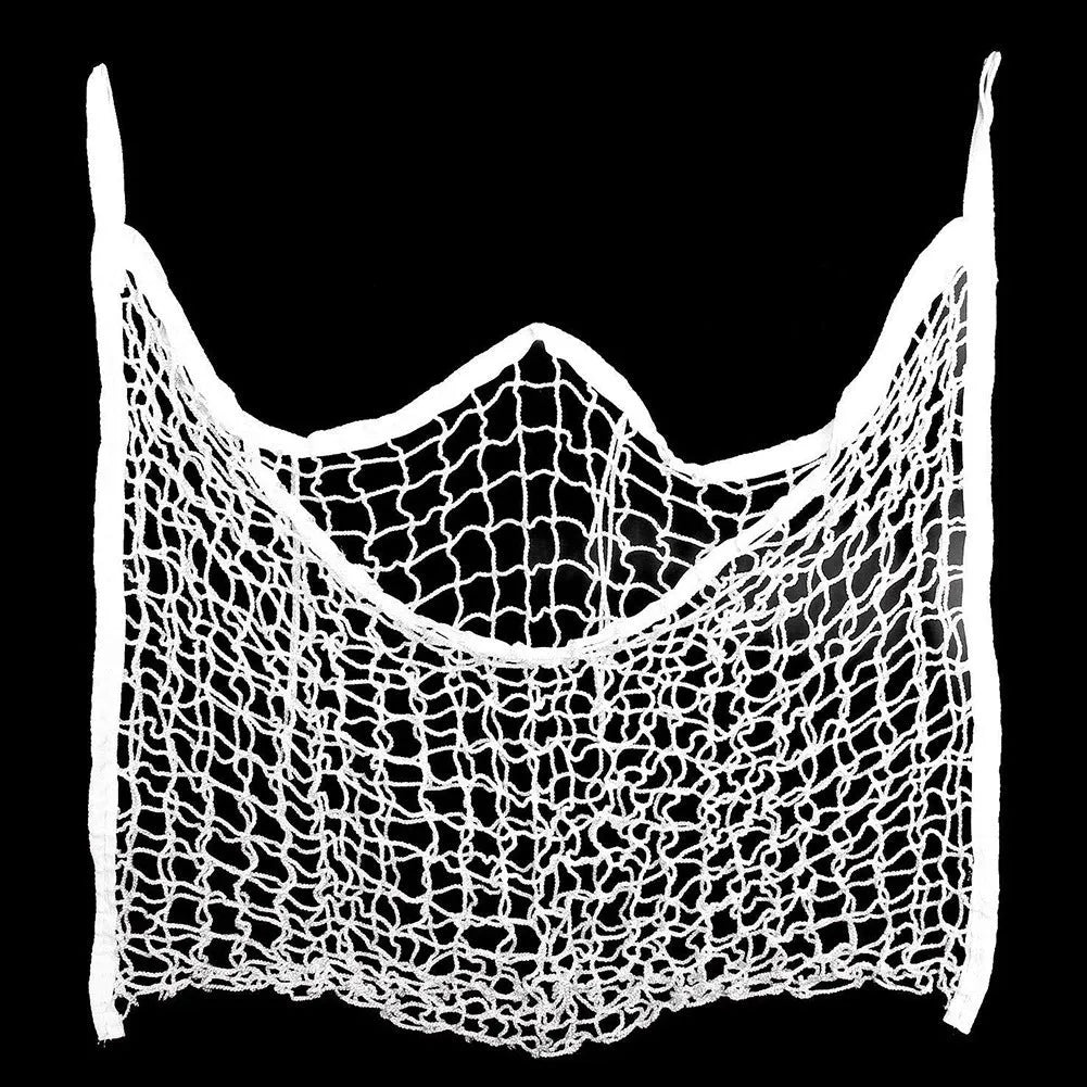 Black woven PE rope grid feeding bag hanging, sized for a horse.