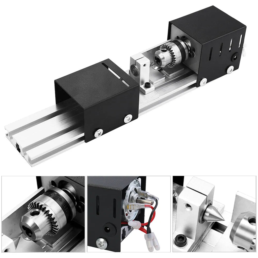 Compact silver metal mini woodworking lathe with tools for manual wood turning, showing scale.