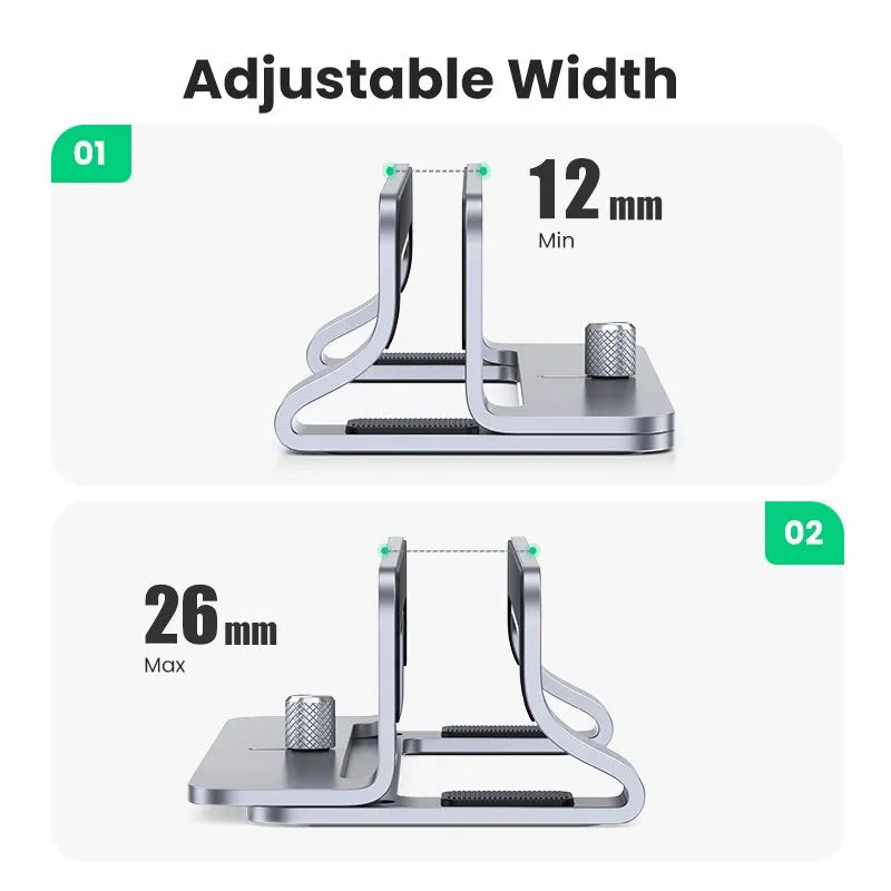 Silver aluminium alloy laptop cooling stand with adjustable width settings on a desk