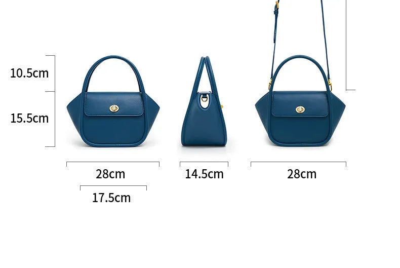 Women's leather wing shape tote bag with cross-body strap in four colour options showing buckle detail
