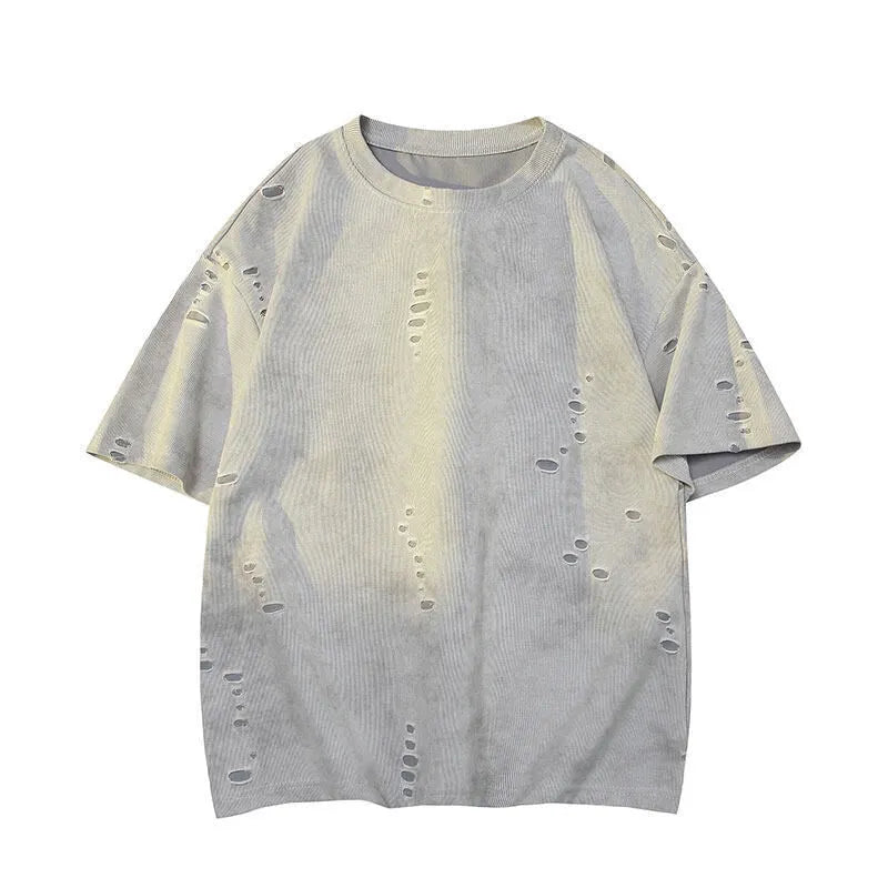 Men's grey cotton blend loose T-shirt with ripped American leisure style details