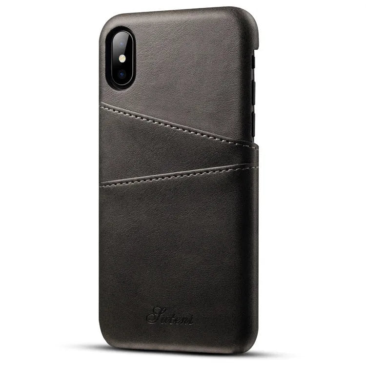 Slim black PU leather wallet phone case for Samsung phone showing two card slots and raised screen lip.