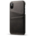 Slim black PU leather wallet phone case for Samsung phone showing two card slots and raised screen lip.