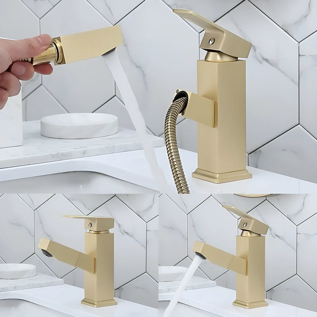 Nordic brass brushed gold pull faucet with square lever design for hot and cold water control