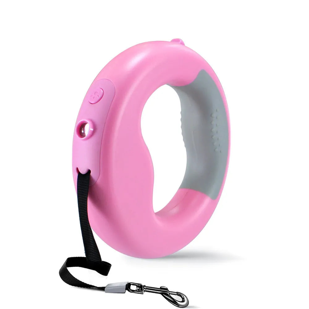 Luminous automatic telescopic dog rope in pink with USB rechargeable lithium battery and ABS housing