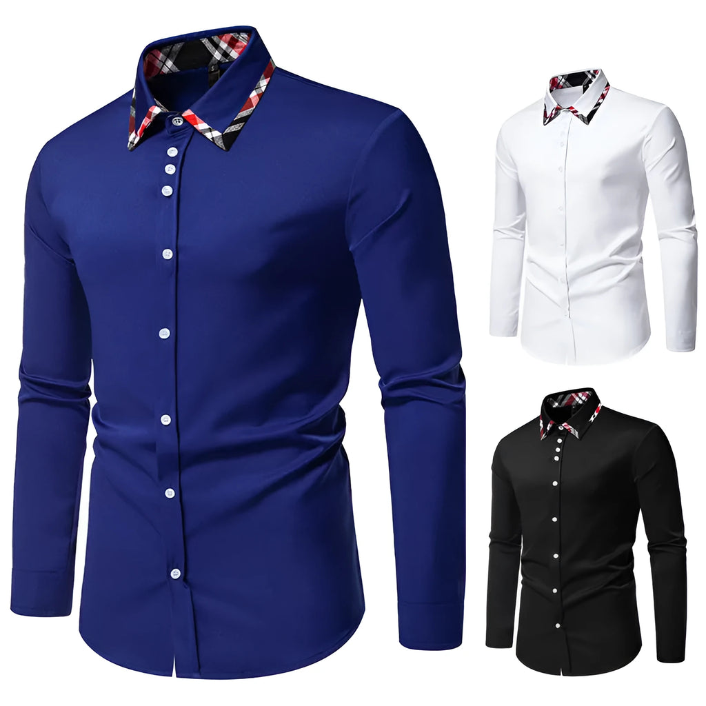 Men's blue plaid long sleeve shirt with a triangle collar on a hanger.