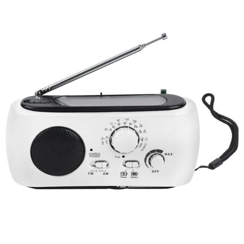 AM FM solar hand crank rechargeable radio with LED flashlight in white, measuring 15x7x4cm, for hiking and emergency use