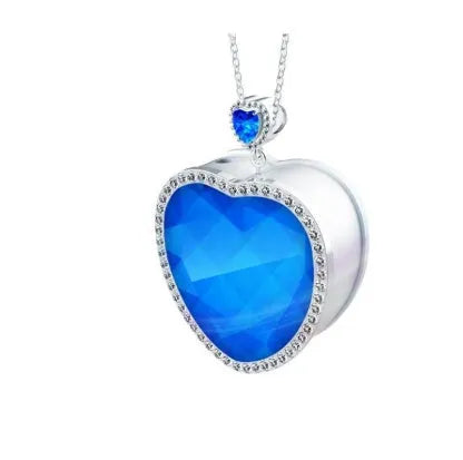 Wearable air freshener in blue heart colour with 304 stainless steel chain and crystal glass casing, showing anion release port