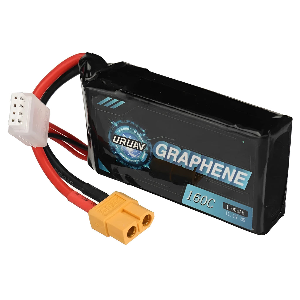 7.4V 1200mAh 2S Lithium Polymer RC battery with red JST connector, shown with dimensions.