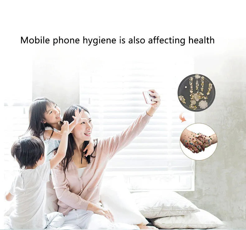 Blue UV steriliser box for mobile phones and small items showing dual UV lamps and compact size for 7-inch phone