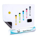 A3 magnetic whiteboard with rounded corners on refrigerator surface showing handwritten notes