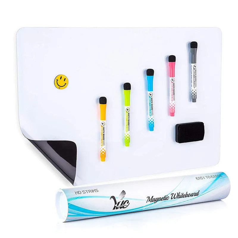 A3 magnetic whiteboard with rounded corners on refrigerator surface showing handwritten notes