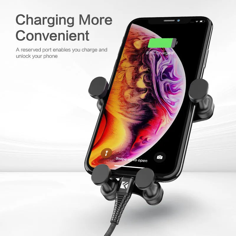 Black gravity car vent phone holder with 360-degree rotation on a car air vent