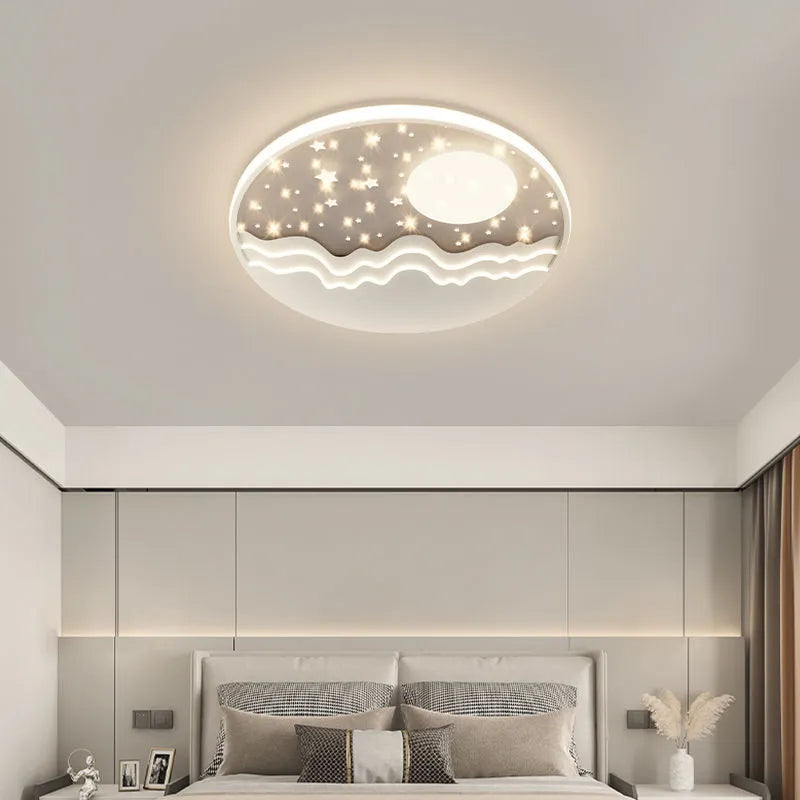 White moon-shaped wrought iron and acrylic bedroom ceiling light with romantic glow