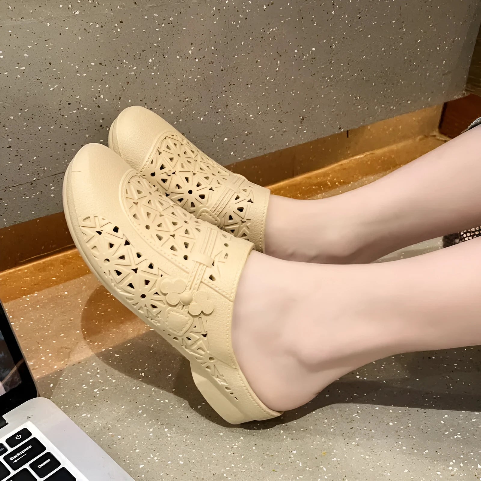 Women's apricot PVC half slippers with flat toe box and hollow out fairy style design.