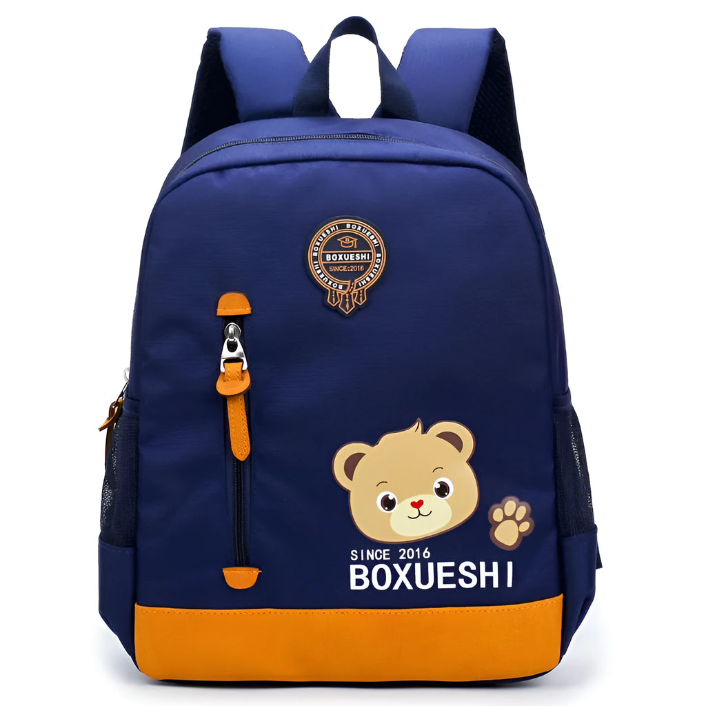 Blue nursery backpack with a cartoon bear design, showing front zip pocket and adjustable padded straps.