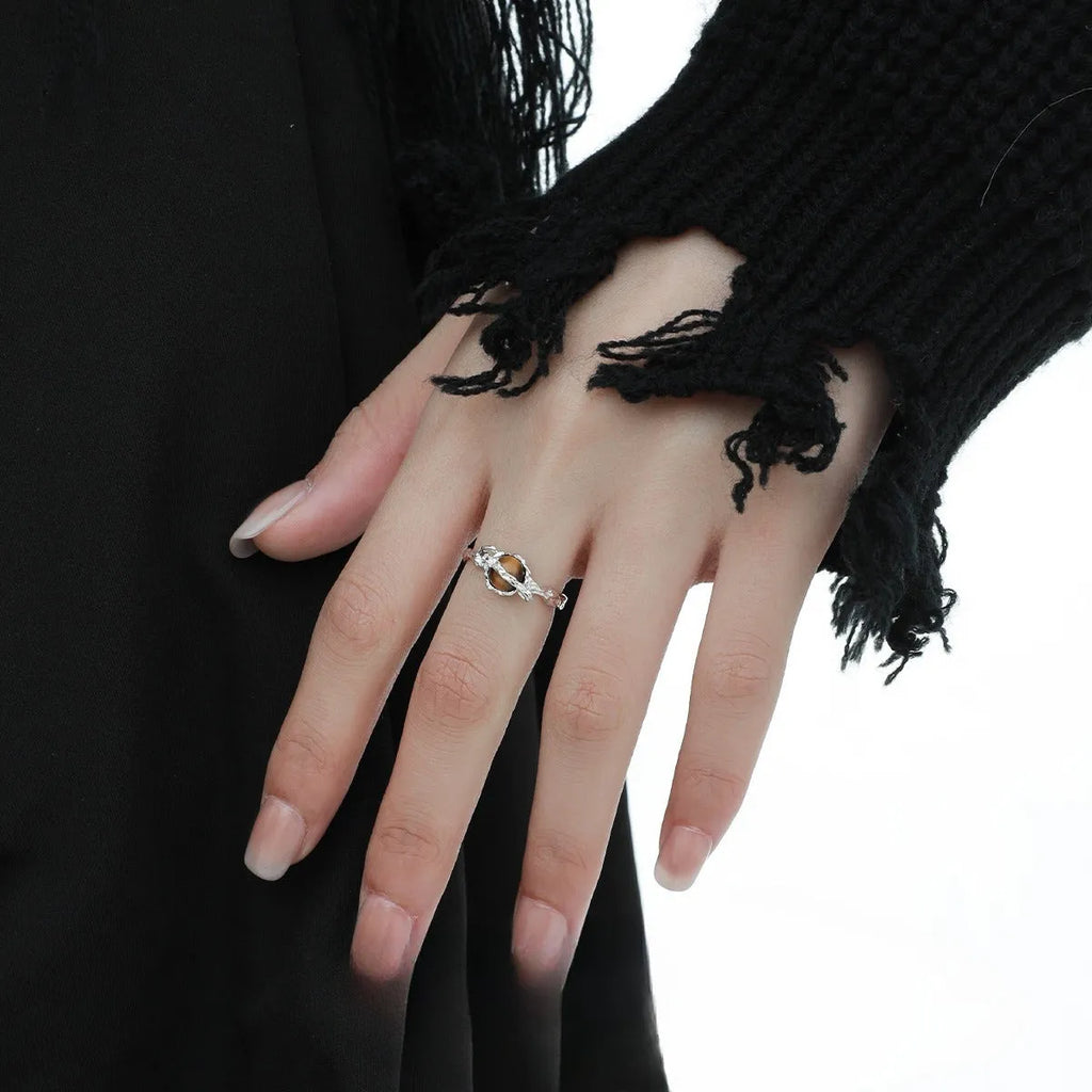 Saturn tigereye open ring for women with adjustable opening and white gold electroplated finish
