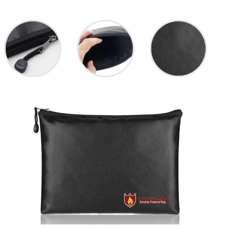 Black fire-proof contract document bag showing three size options for A4 paperwork storage