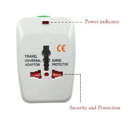 Compact white universal travel plug adapter and charger converter on a grey background.