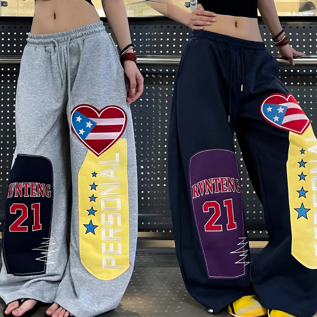 Men's loose casual pants with letter pattern, cotton fabric, mid waist, blue or gray, sizes S-XL