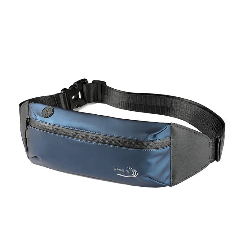 Men's blue waterproof sports waist bag with secure fastening, shown with dimensions
