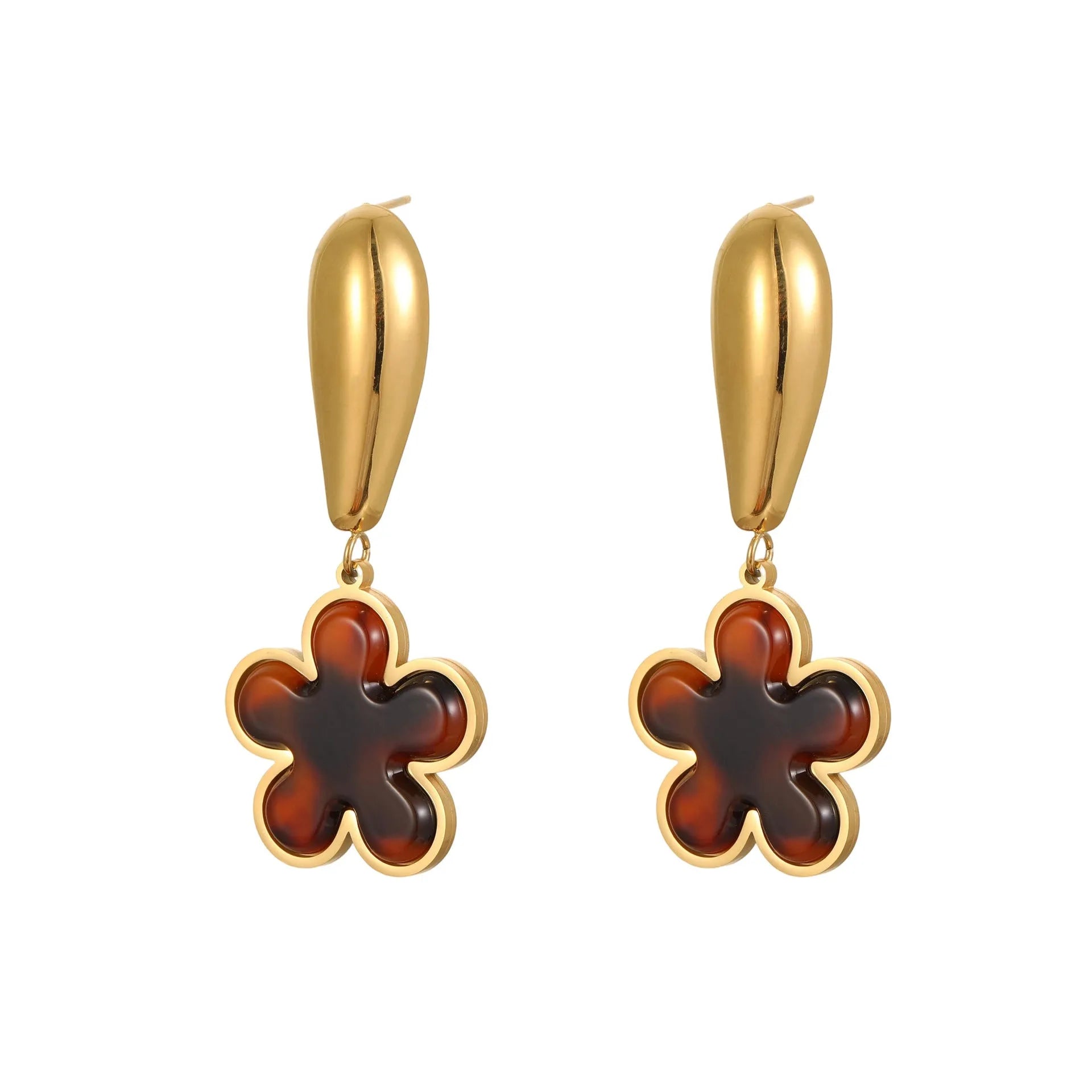 Women's tortoiseshell resin electroplated earrings in heart and flower designs with 18K stainless steel construction