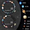 Two natural stone beaded bracelets with zodiac sign charms on a textured background.
