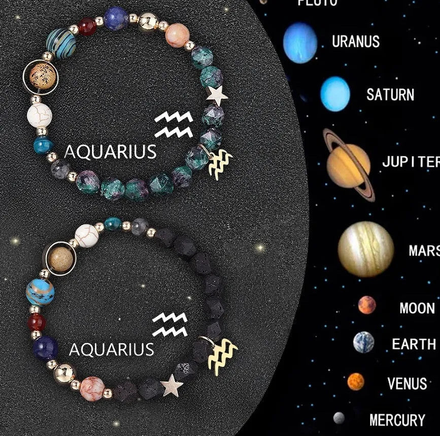 Two natural stone beaded bracelets with zodiac sign charms on a textured background.
