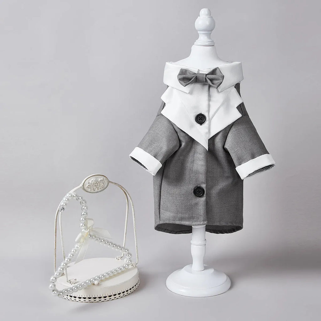 Chinese-style four-legged polyester wedding suit for a dog or cat in black.