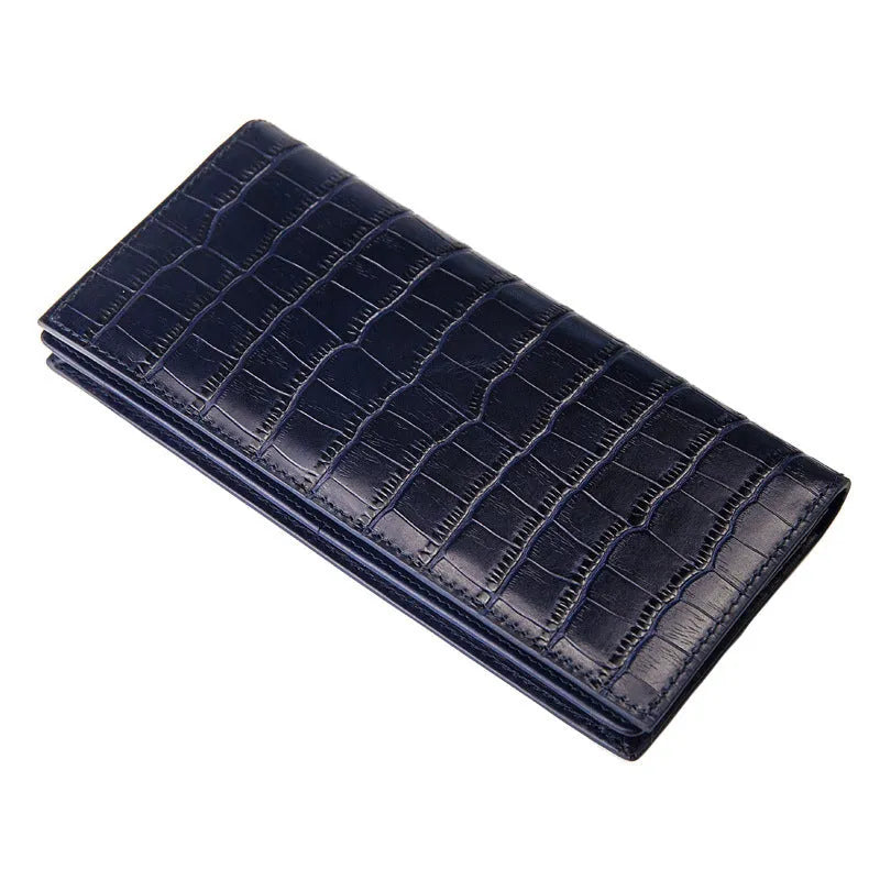 Men's long genuine leather wallet in first layer cowhide with crocodile pattern, 18.5cm, blue or black