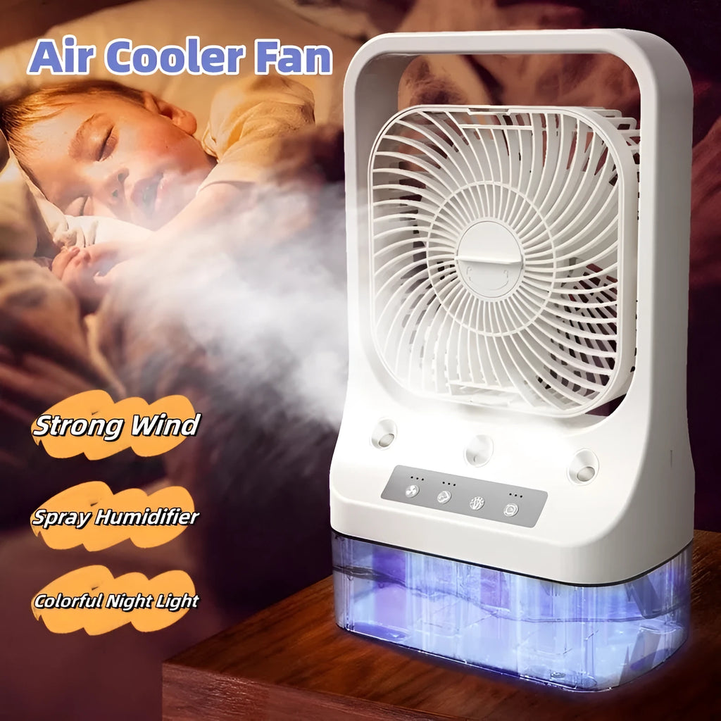 White USB rechargeable air cooler fan with water tank and adjustable head on a table.