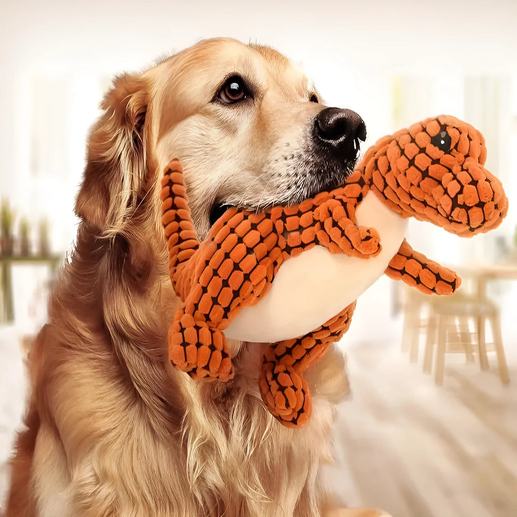 Dinosaur plush dog toy with squeaker, corn velvet outer and PP cotton filling, 25cm or 50cm