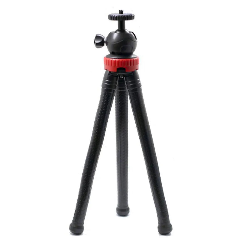 Black octopus tripod with flexible rubber legs wrapped around a pole holding a camera