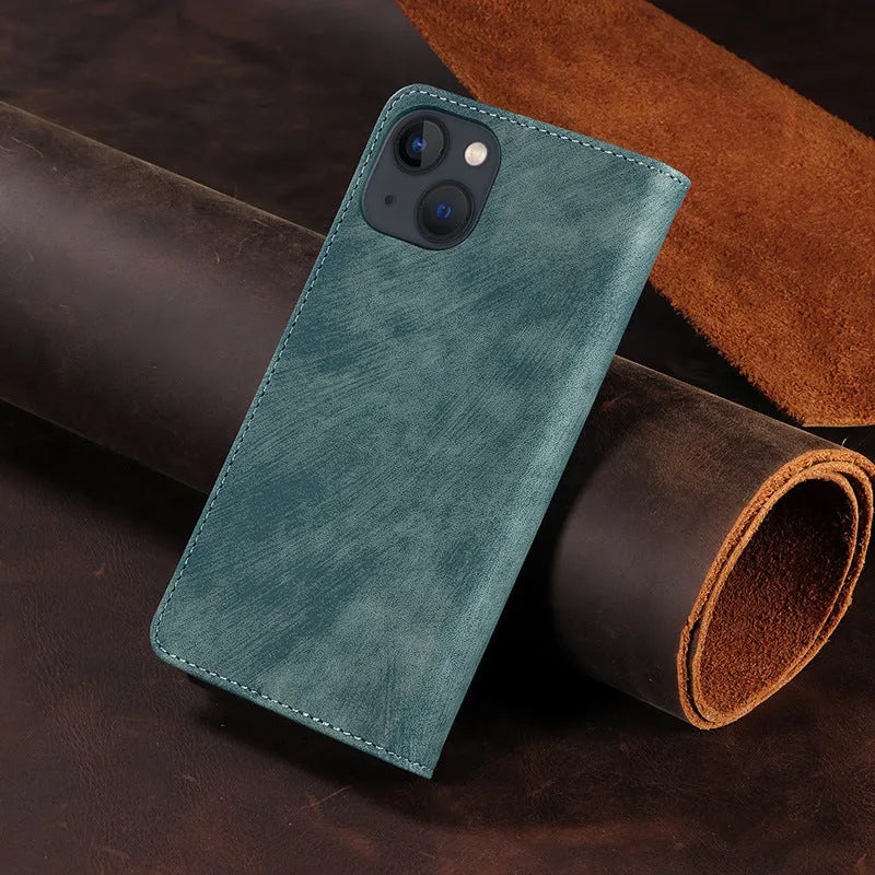 Magnetic flip leather phone case for iPhone in various solid colours showing front closure.